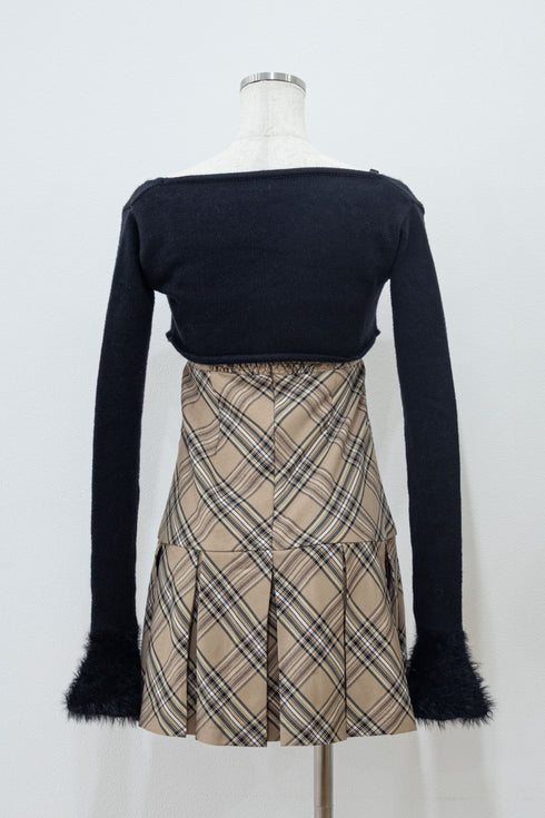 プレイドファースリーブカーディガンアンサンブル