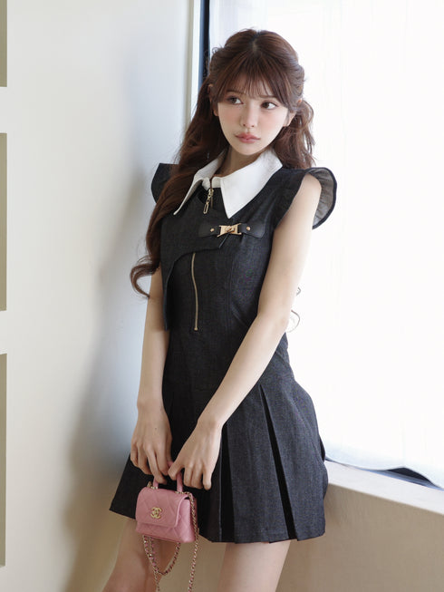 アシンメトリーバックルデニムワンピース