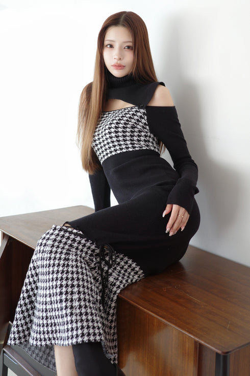 2wayハウンドトゥースストリングコアワンピース