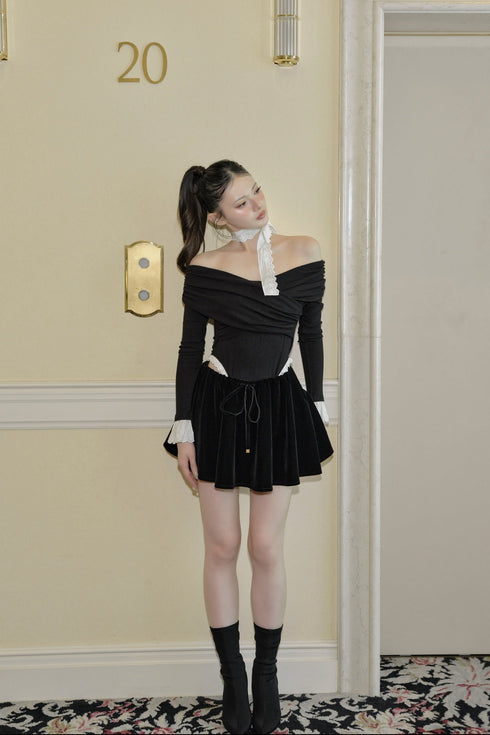 オフショルバイカラーレースボディースーツ