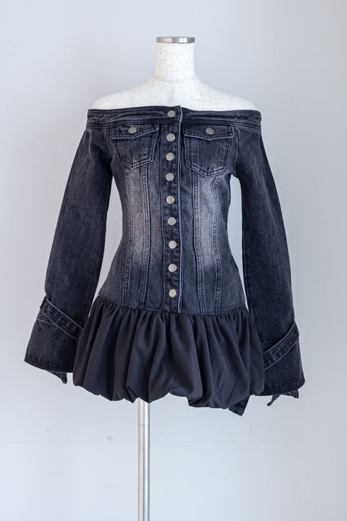 オフショルデニムバルーンワンピース