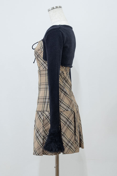 プレイドファースリーブカーディガンアンサンブル