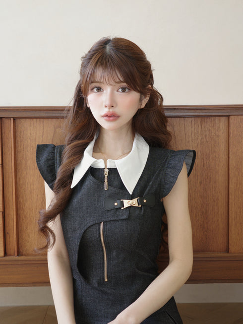 アシンメトリーバックルデニムワンピース