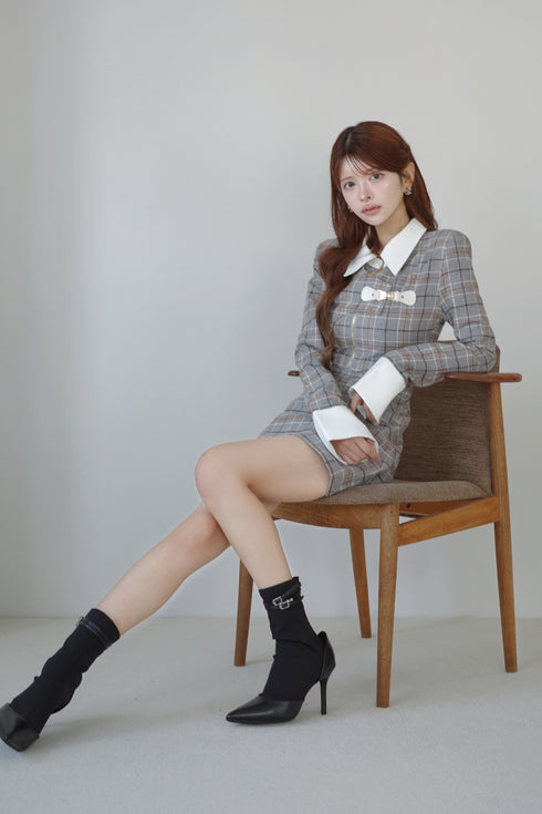 タータンチェックアシンメトリーバックルワンピース