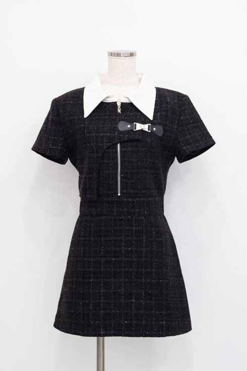 アシンメトリーツイードハーフスリーブドレス