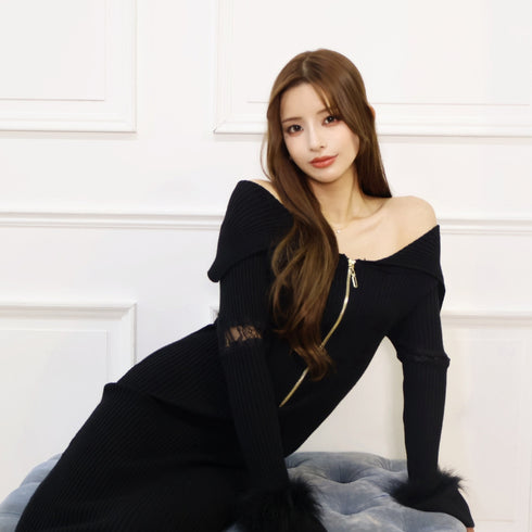 Off shoulder fur sleeve dress