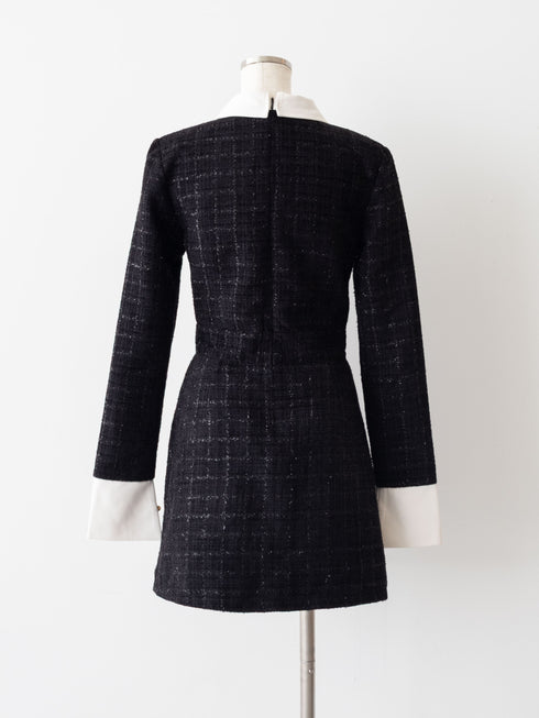 Asymmetrical buckle tweed dress