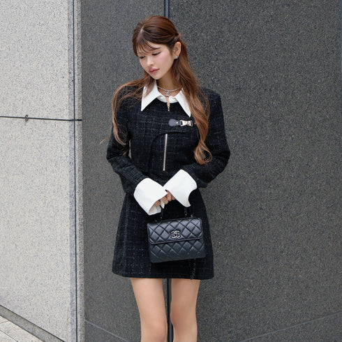 Asymmetrical buckle tweed dress