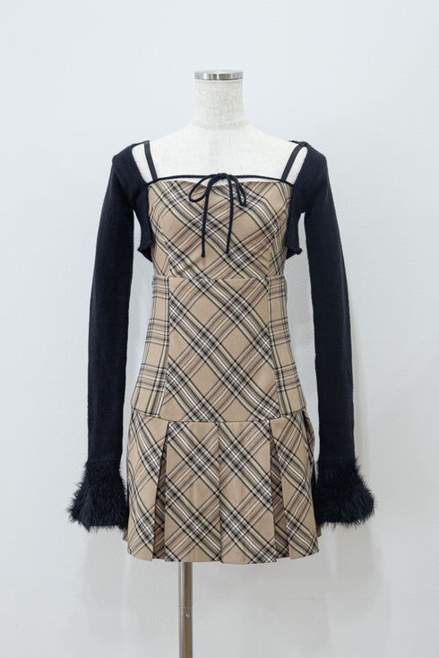 プレイドファースリーブカーディガンアンサンブル