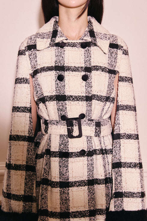 プレイドツイードファーポンチョ