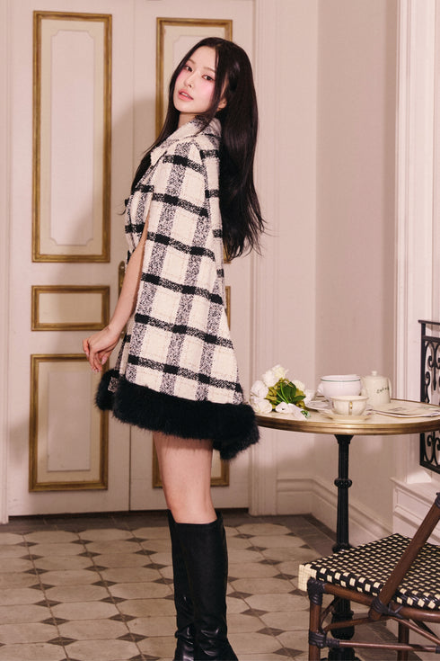 プレイドツイードファーポンチョ