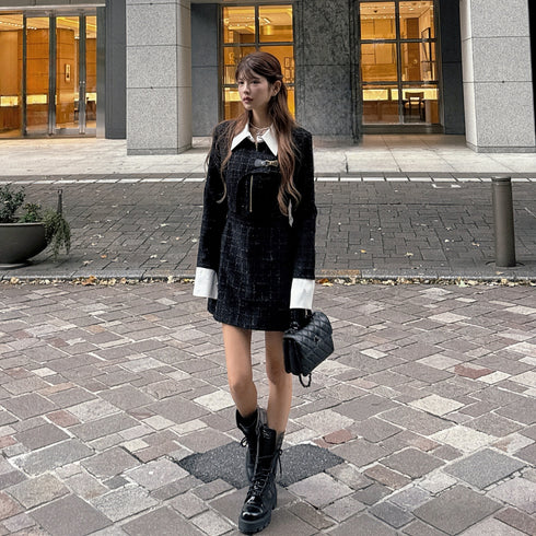 Asymmetrical buckle tweed dress