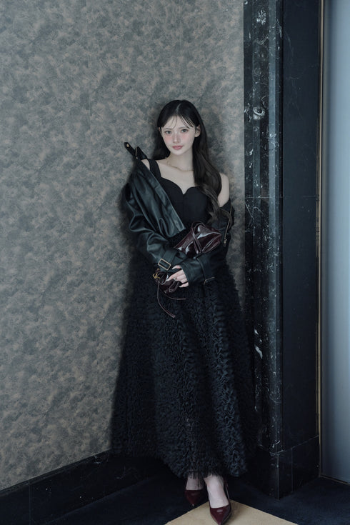 ギャザーフェイクレザージャケット(BLACK)