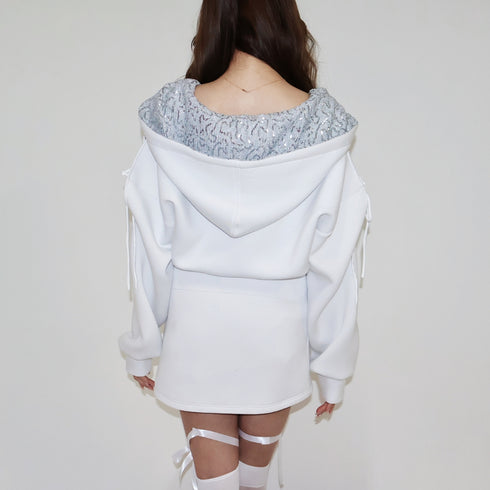 Shoulder cutout sequin sweatshirt setup