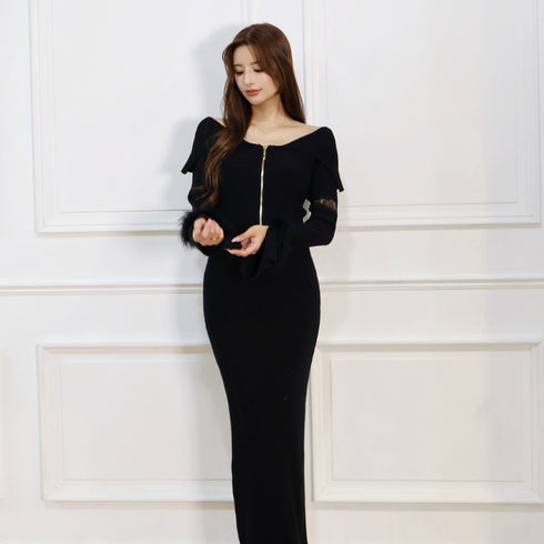 Off shoulder fur sleeve dress