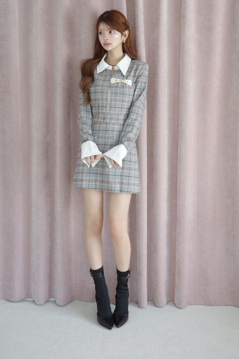 タータンチェックアシンメトリーバックルワンピース