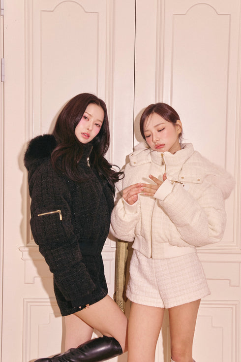 アシンメトリーバックルツイードパデットジャケット