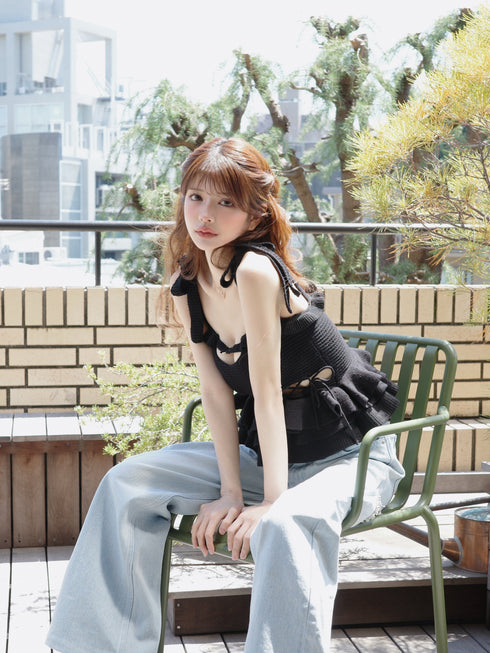 ビジューバックカットワイドデニム