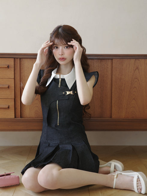 アシンメトリーバックルデニムワンピース