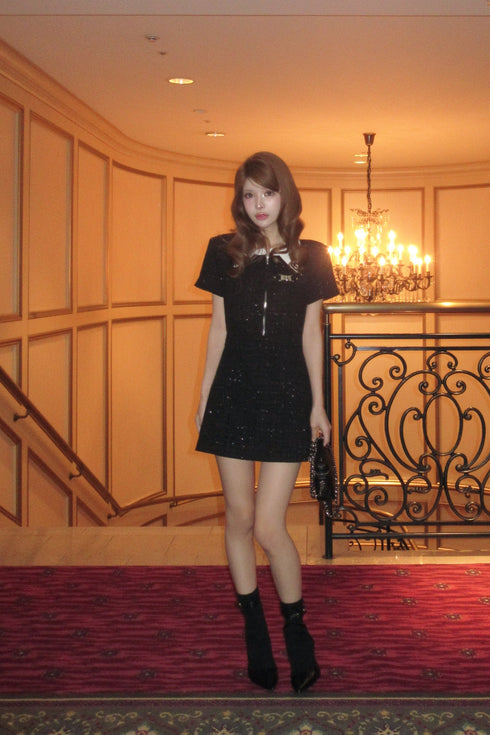 アシンメトリーツイードハーフスリーブドレス