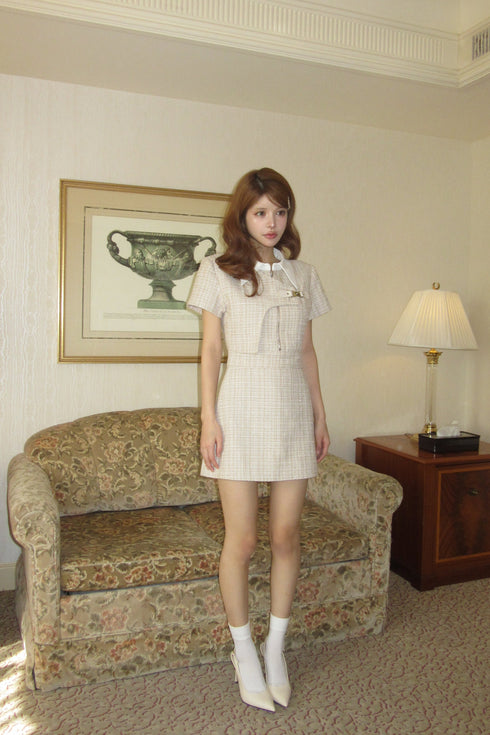 アシンメトリーツイードハーフスリーブドレス