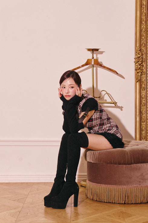 ストレッチスウェードプラットフォームニーハイブーツ