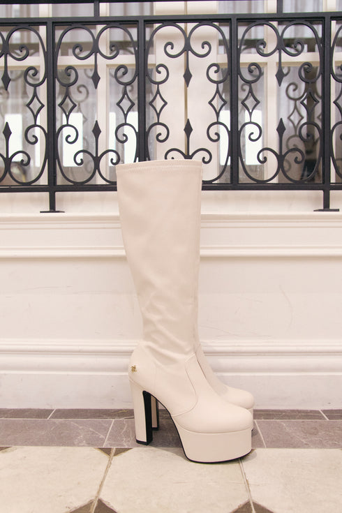 スリムレザープラットフォームロングブーツ