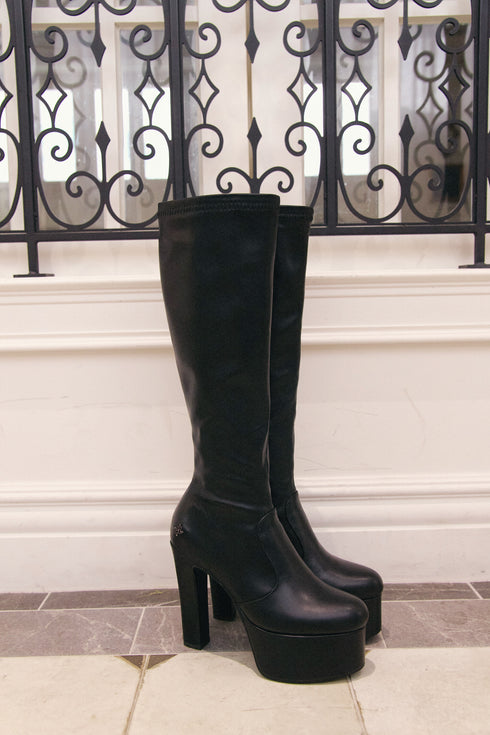 スリムレザープラットフォームロングブーツ