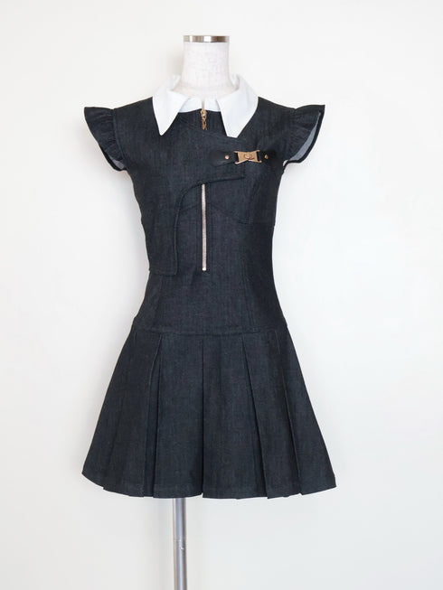 アシンメトリーバックルデニムワンピース