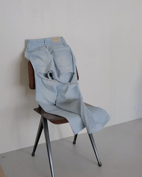 ビジューバックカットワイドデニム