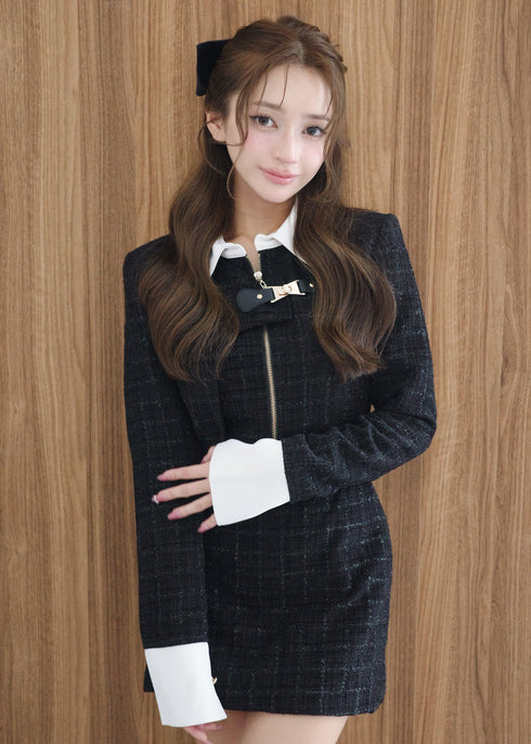 Asymmetrical buckle tweed dress