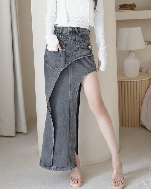 アシンメトリーカットアウトデニムスカート