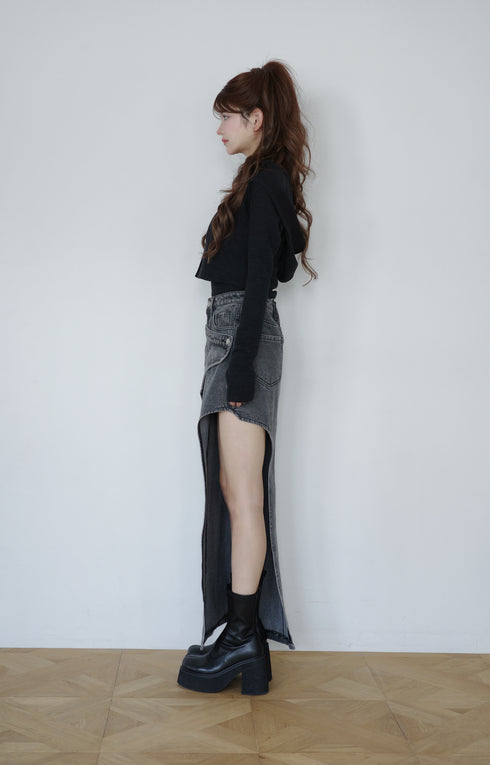 アシンメトリーカットアウトデニムスカート