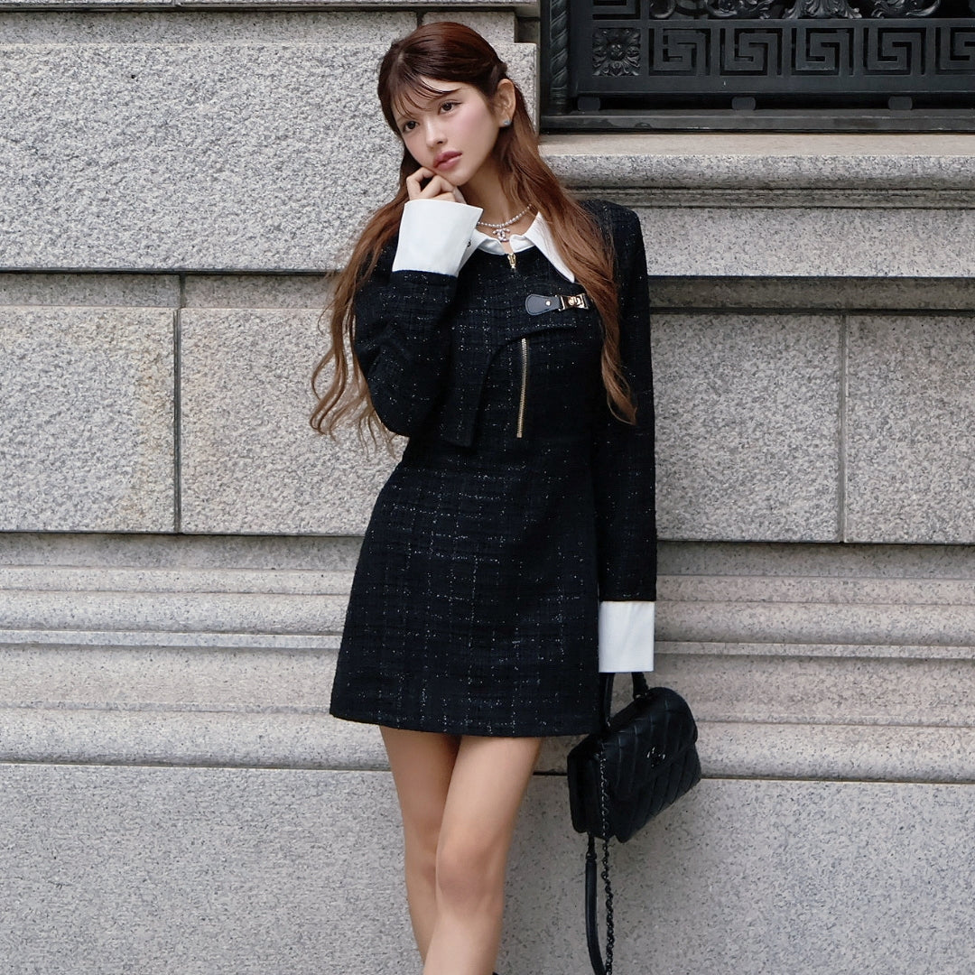 Asymmetry buckle tweed dress