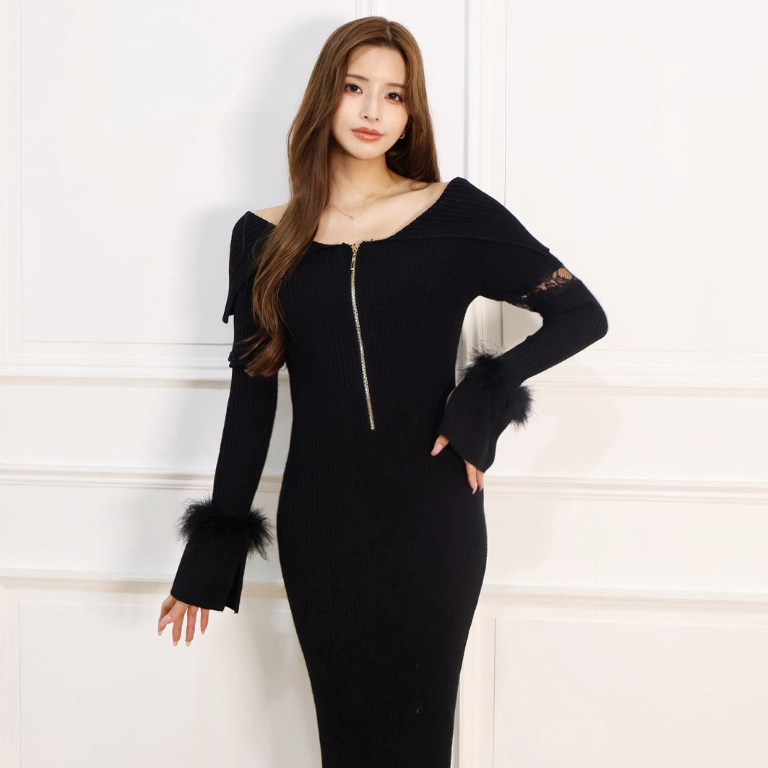 【10月中旬~下旬順次発送】Off shoulder fur sleeve dress