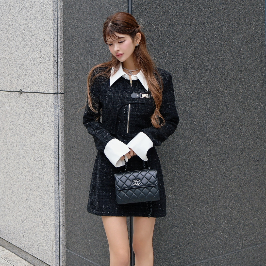 Asymmetry buckle tweed dress