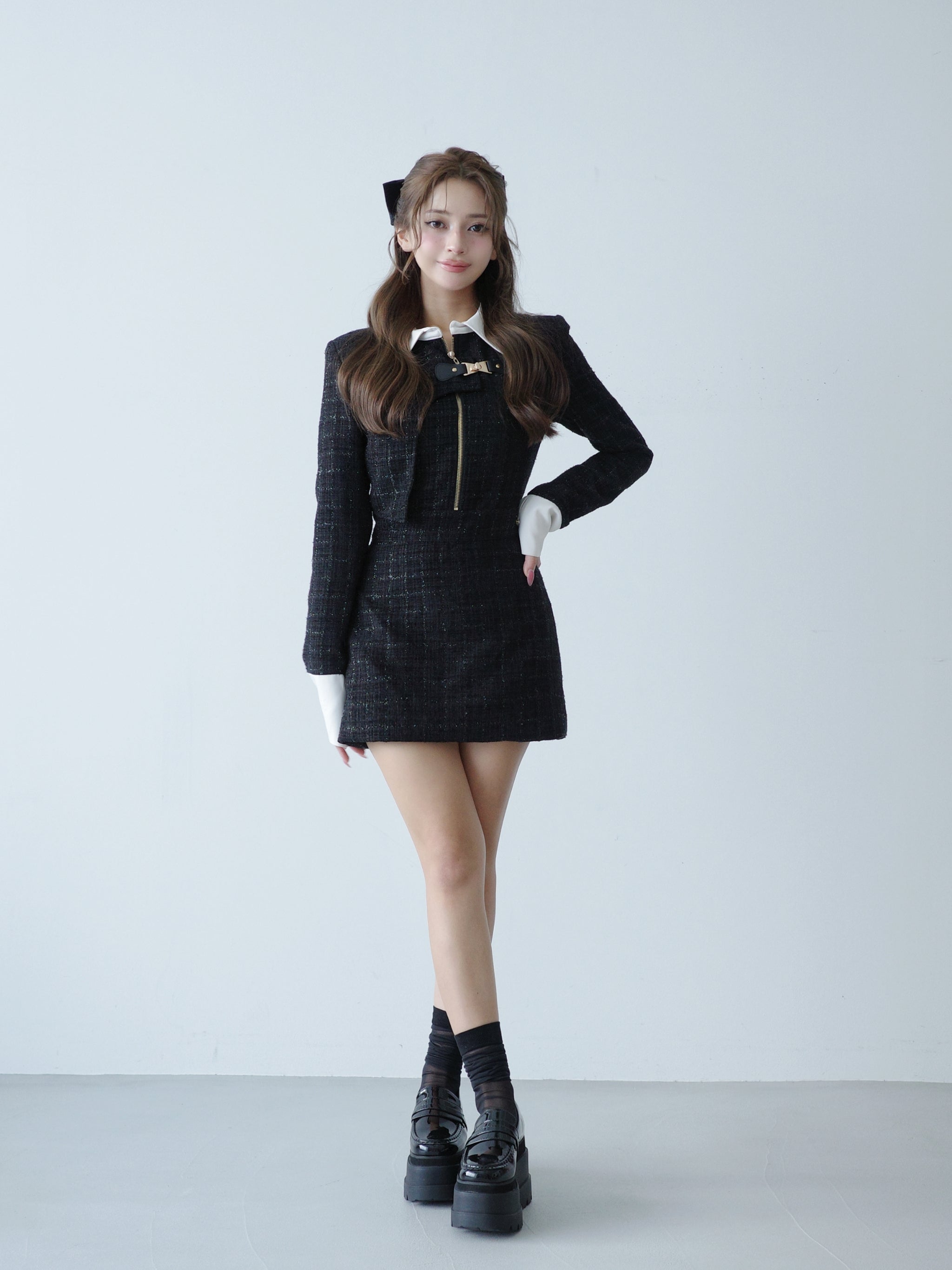 Asymmetry buckle tweed dress
